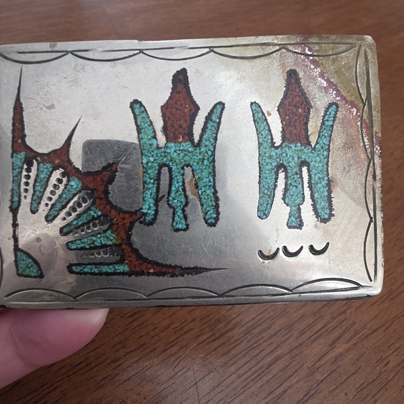 Vintage Silver Navajo Peyote Belt Buckle with Turquoise and Red Design - Picture 3 of 13